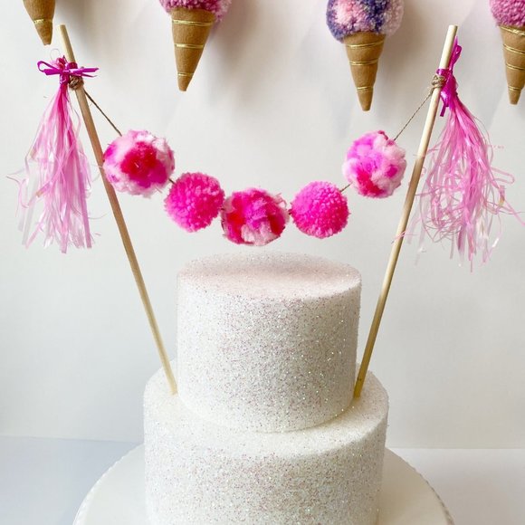 Pink Pom Pom Cake topper, Birthday Cake Topper for Girls, Tassel Cake Topper - Picture 2 of 4